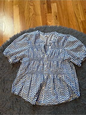 Foil Clothing White Blue Square Polka Dot Peasant Blouse Size 12